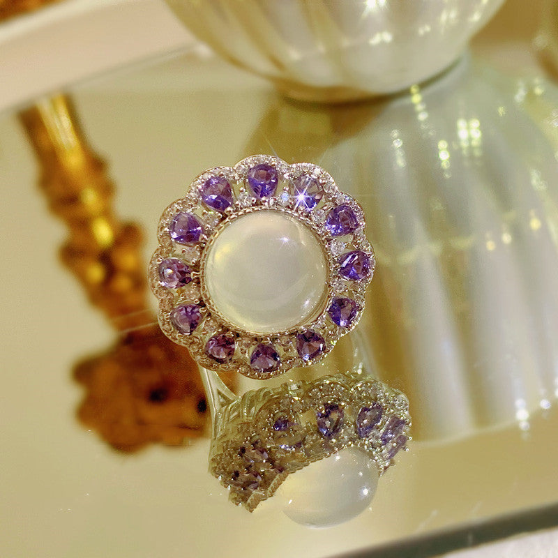 Three-dimensional Violet Gemstone Flower  Ring - Musaura